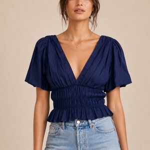 Posse Asher Top Women's XS Blue Puff Sleeve Smocked Peplum V Neck Cotton Boho